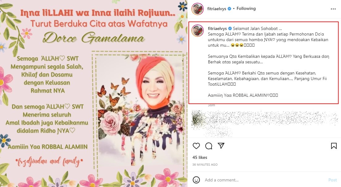 Ungkapan Duka dan Ucapan Doa Fitriah Sukaesih Buat Dorce Gamalama