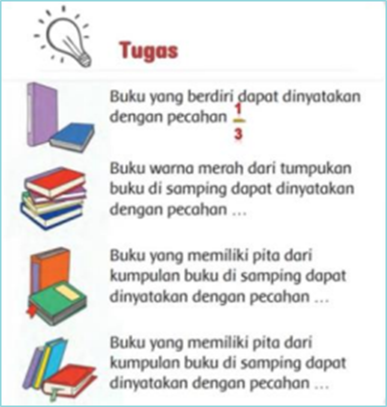 Buku warna merah dari tumpukan buku di samping dapat dinyatakan dengan