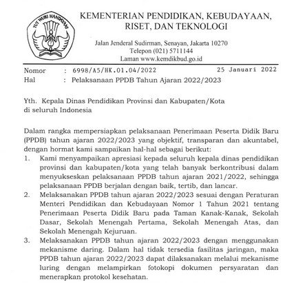 Surat Edaran Kemendikburistek Tentang Pelaksanaan PPDB Tahun Ajaran ...