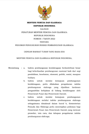 Permenpora Nomor 1 Tahun 2022 Tentang Pedoman Pengukuran Indeks ...